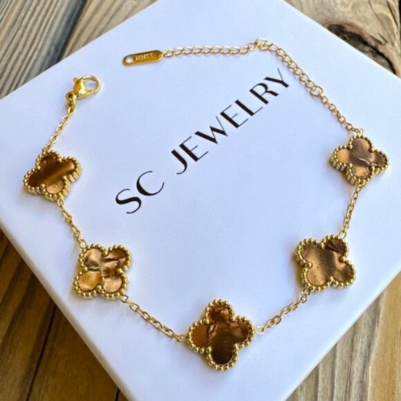 Last 1 !Clover Bracelet Tiger Eye Double Sided Four Leaf - Picture 2 of 12